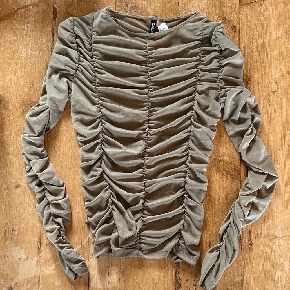H & M Ruched Long Sleeve Blouse in Sage